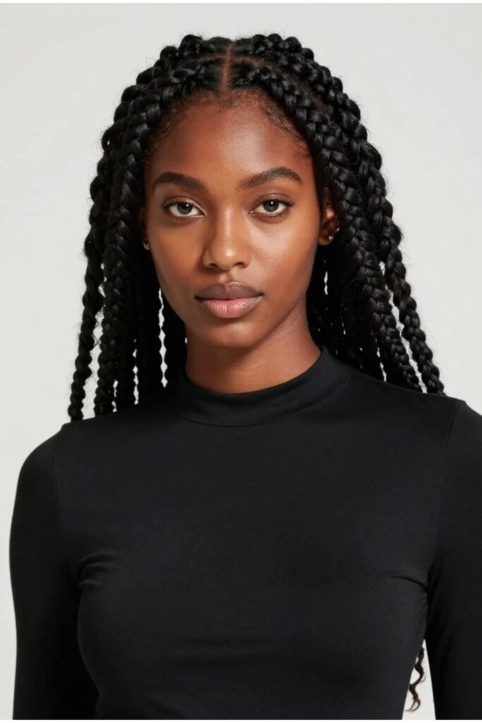 Woman with jumbo Fulani braids featuring thick, bold sections for a modern statement look
