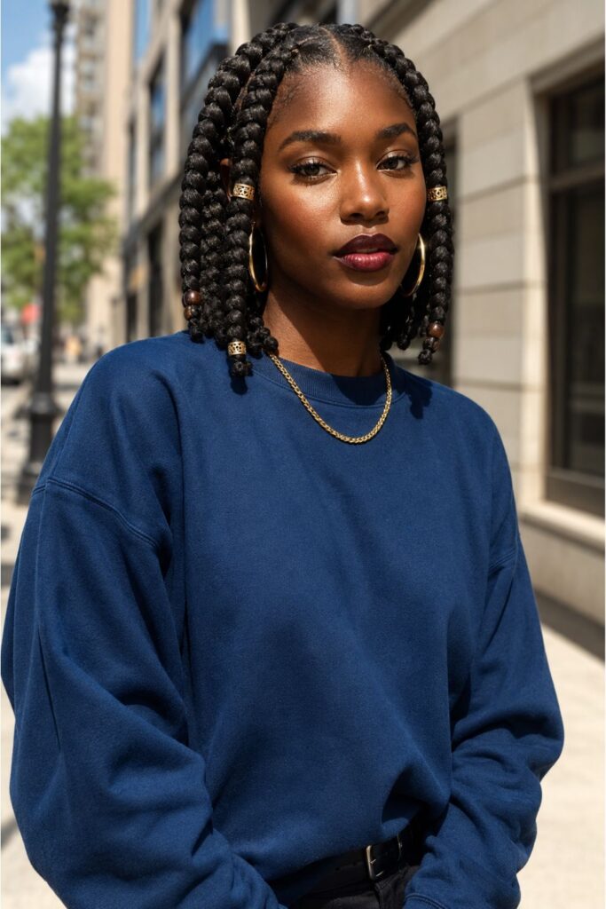 Black woman with jumbo short box braids featuring notably thick bold braids with gold cuffs and wooden beads