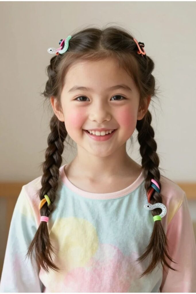 Young girl with a kid-friendly Medusa hairstyle featuring colorful ribbons and playful toy snake clips