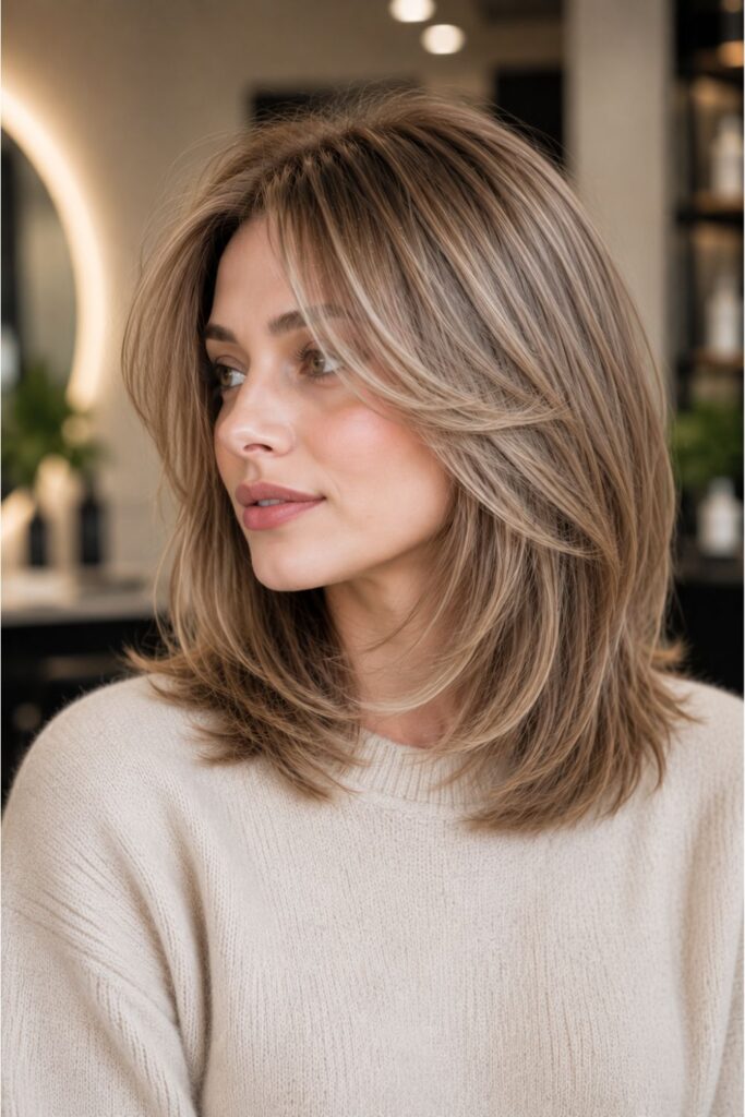 Woman with a kitty cut for fine hair featuring soft shoulder-length layers, subtle root volume, and light ash brown hair with face-framing movement.