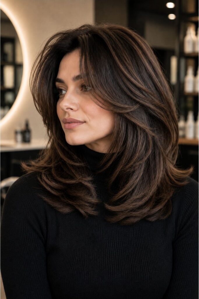 Woman with a kitty cut for thick hair featuring deep chocolate brown layered hair, soft face-framing pieces, and a voluminous salon blowout.