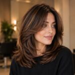 Woman with modern kitty cut hairstyles featuring soft layered chocolate brown hair and a polished salon blowout.