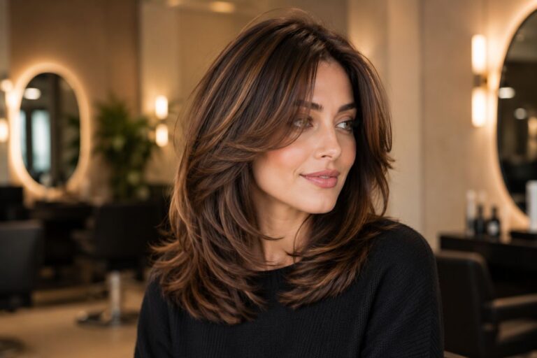 Woman with modern kitty cut hairstyles featuring soft layered chocolate brown hair and a polished salon blowout.