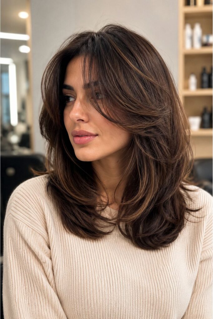 Woman with a kitty cut featuring soft curtain bangs, face-framing layers, and shoulder-length brunette hair styled with natural volume.