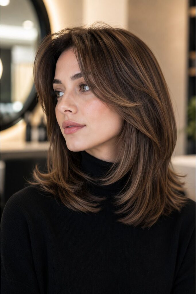 Woman with a kitty cut featuring soft face-framing layers, chocolate brown hair, and a polished shoulder-length salon blowout.