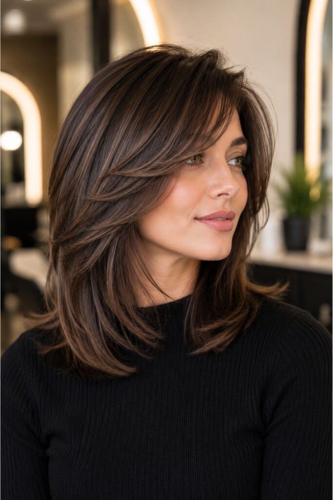 Woman with a kitty cut featuring long side-swept bangs, espresso brown layered hair, and soft face-framing movement.
