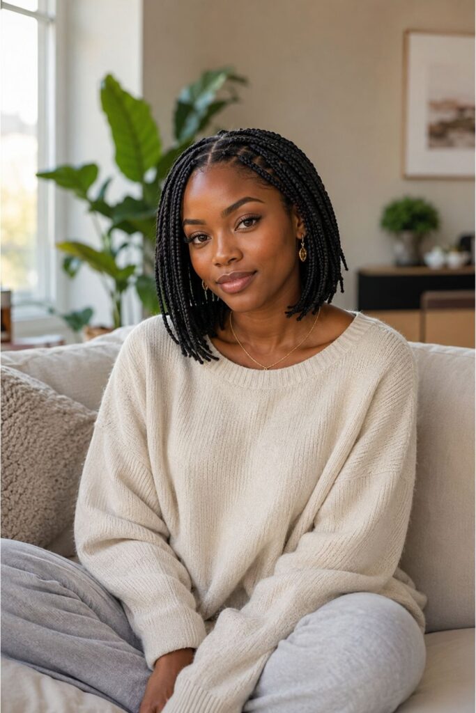 Black woman with knotless short box braids featuring smooth flat roots and neat medium-sized braids