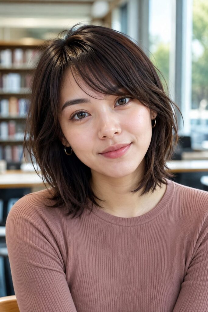 Woman with a layered choppy bob featuring soft side-swept bangs and natural textured movement
