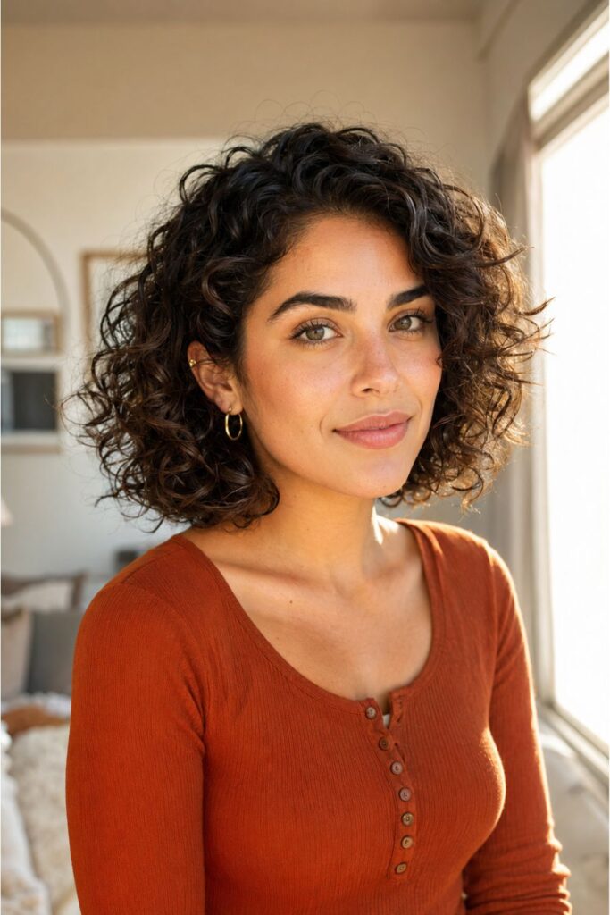 Woman with a layered curly bob featuring soft layers removing weight from thick curls for natural bounce