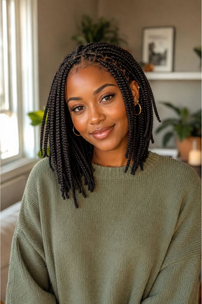 Black woman with layered short box braids featuring different braid lengths creating shape and movement