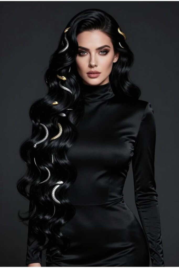 Woman with long black serpent hair featuring glossy dark waves and gold-silver snake accessories