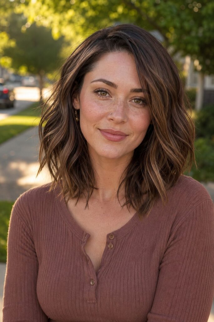 Woman with a long choppy bob featuring loose natural waves and textured layers at collarbone length