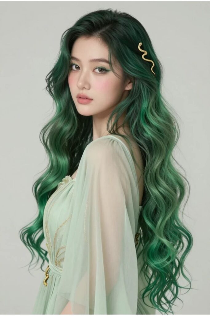 Woman with long emerald wave hair featuring soft green color melt and delicate gold snake clips