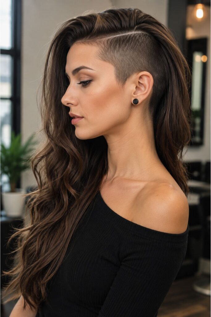 Woman with long wavy brunette hair and a side undercut featuring a closely shaved section and flowing length