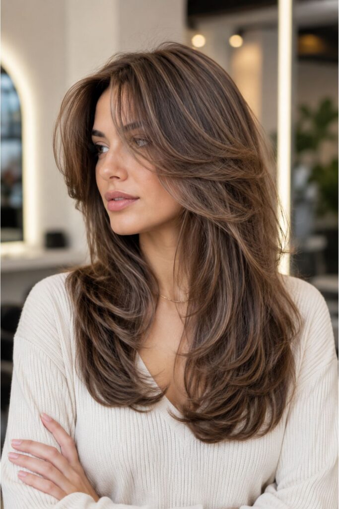 Woman with a long kitty cut featuring light brown layered hair, soft face-framing pieces, and voluminous feathered ends.