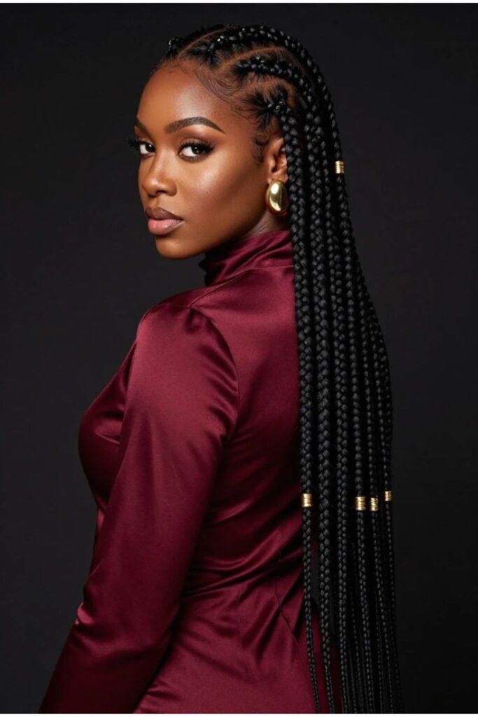 Woman with long waist-length Fulani braids featuring impressive length and gold cuff details