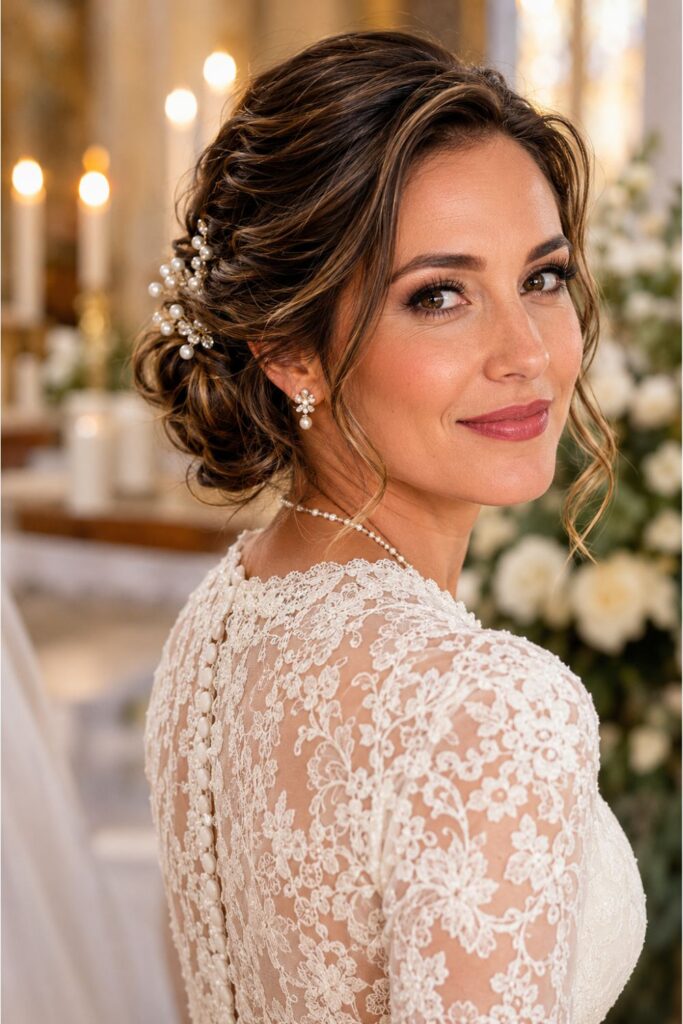 Bride with a low textured updo for short hair featuring soft loose pieces and pearl pins