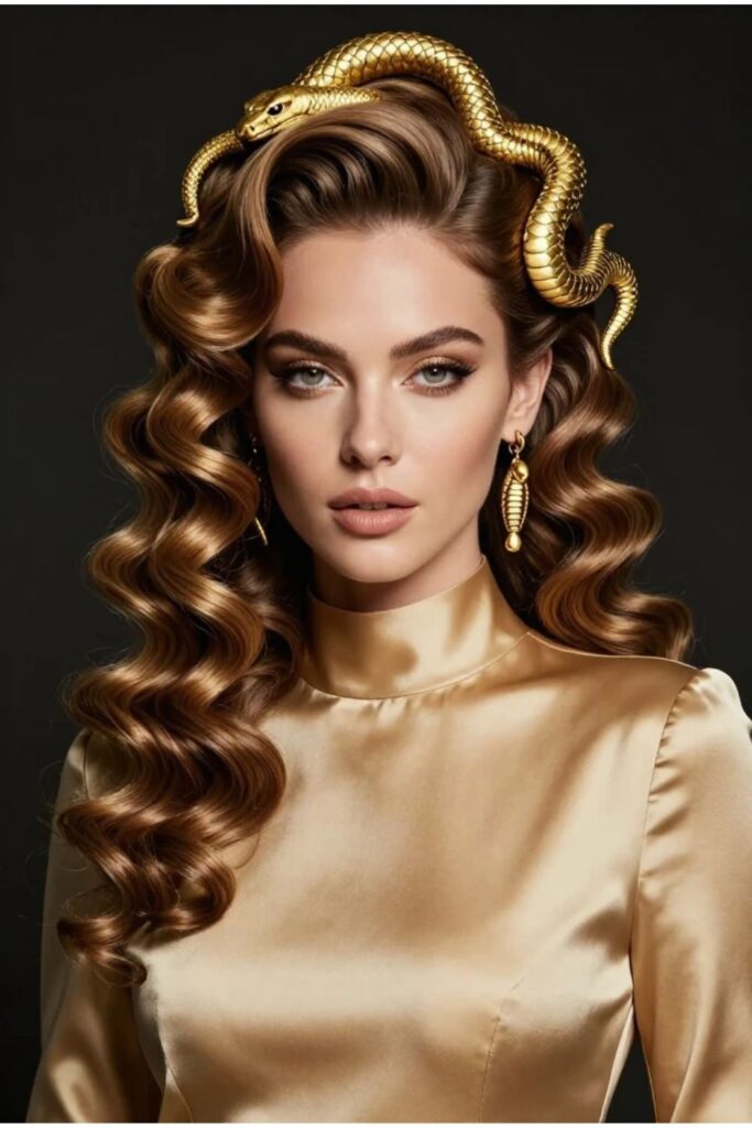 Woman with a luxury editorial Medusa hairstyle featuring sculpted curls and premium gold accessories