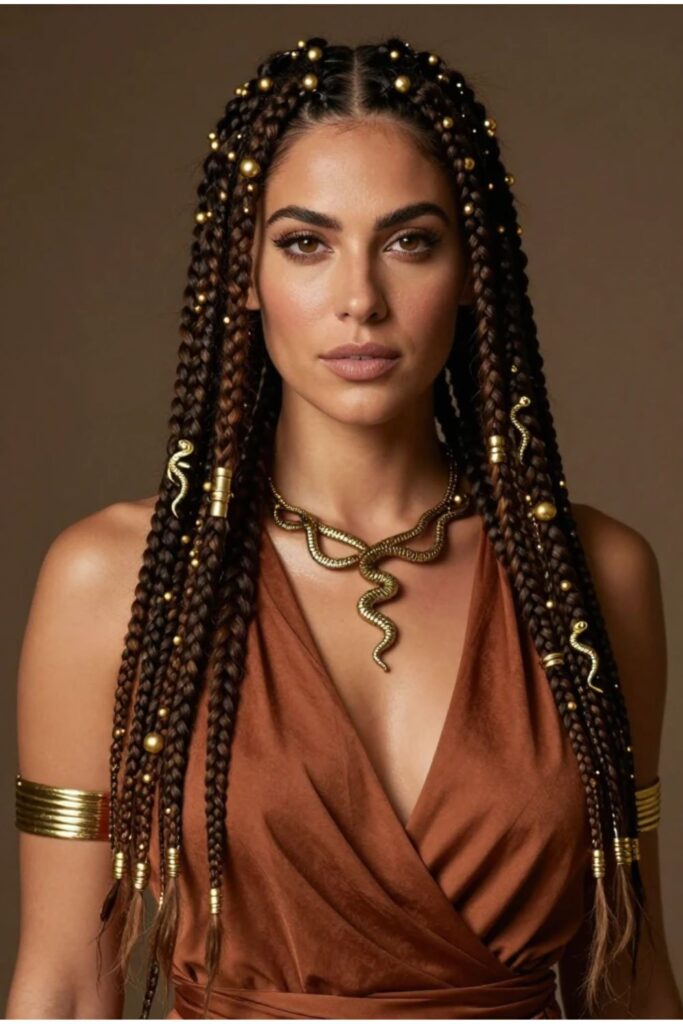 Woman with Medusa box braids featuring gold beads, cuffs, and serpent charms