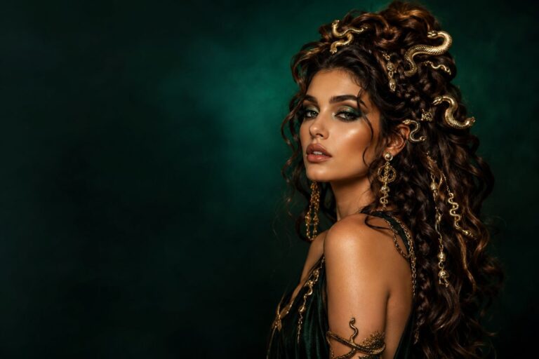 Woman with a modern Medusa hairstyle featuring textured waves, braids, and elegant gold snake accessories in a luxury editorial style.