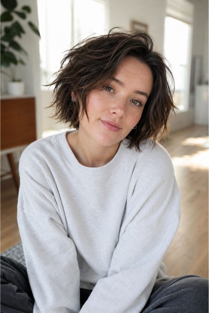 Woman with a messy choppy bob for fine hair featuring tousled layers and an effortlessly undone finish