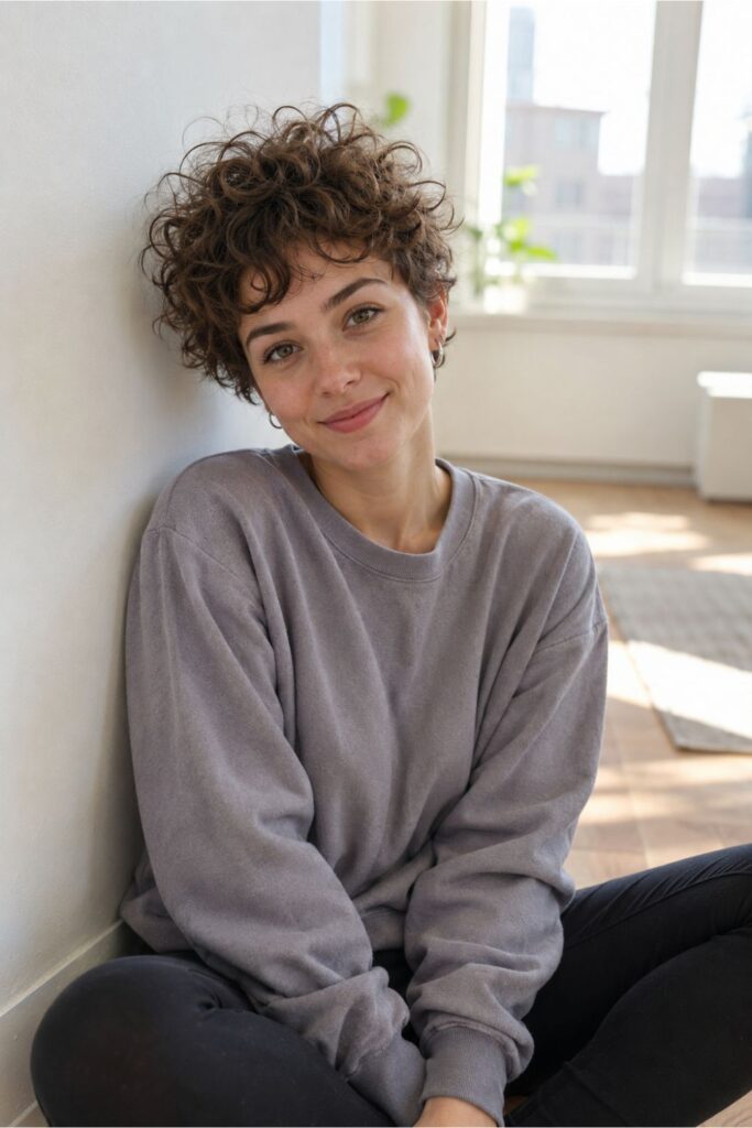 Woman with a messy curly pixie featuring naturally tousled curls going in playful directions