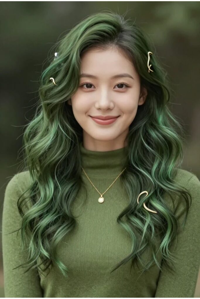 Woman with messy green wave hair featuring subtle green highlights and a small gold snake clip
