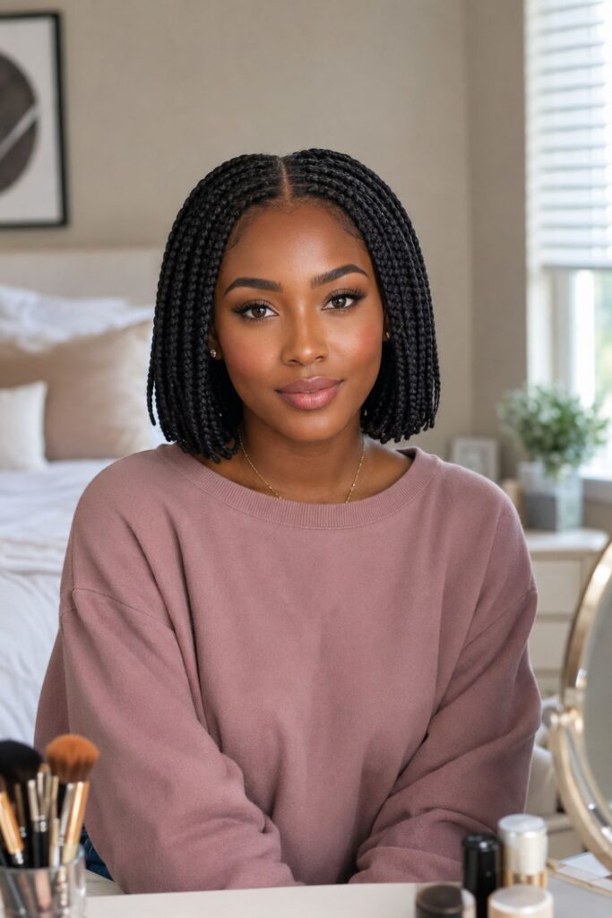 Black woman with middle-part short box braids featuring a razor-sharp center part creating perfect symmetry