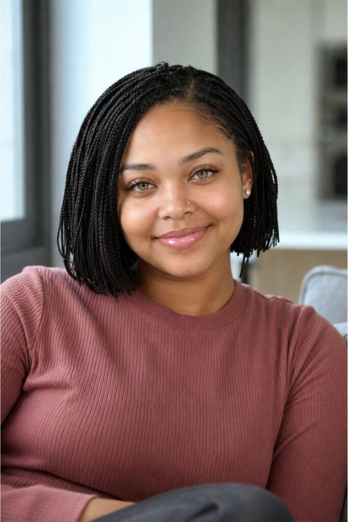 Woman with a mini braided bob featuring small fine braids and soft natural movement