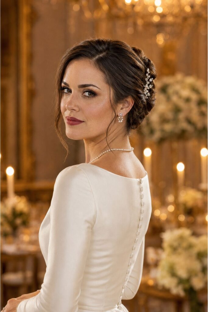 Bride with a mini French twist featuring a neat compact twist with a crystal comb and soft face-framing pieces