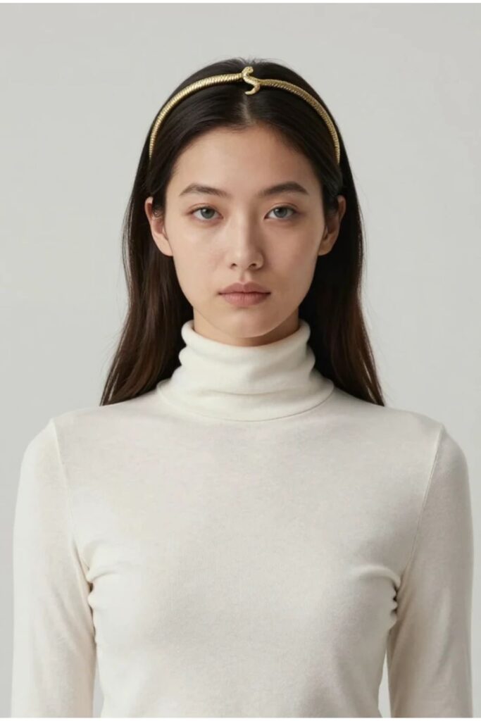 Woman with minimalist Medusa hair featuring straight hair and a single gold snake accessory