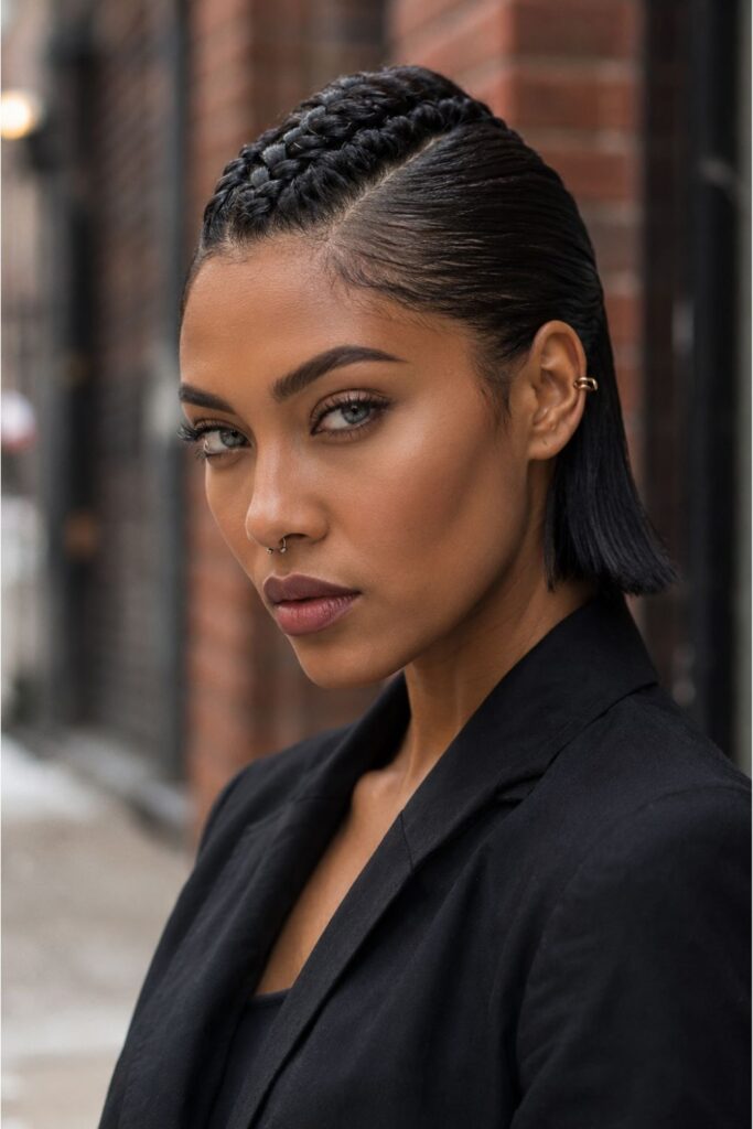 Woman with a mohawk braided bob featuring a braided center section and smooth sides
