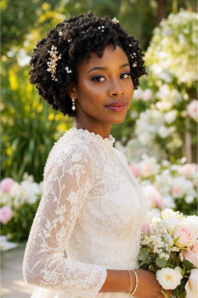 Black bride with natural coils decorated with pearl pins white flower clips and a gold pearl hair comb