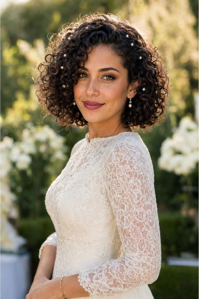 Bride with a natural curly bridal bob featuring defined bouncy curls and scattered pearl pins