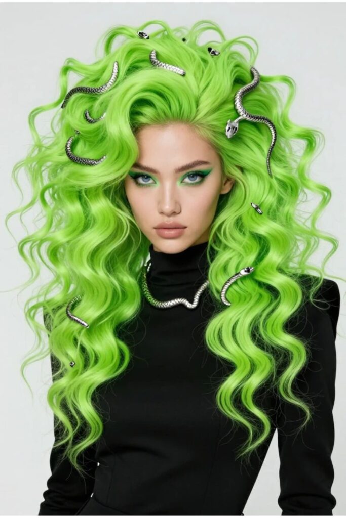 Woman with a neon green Medusa look featuring vivid green curls and silver snake accessories
