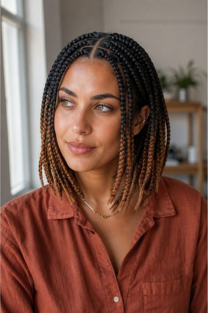 Woman with an ombre braided bob featuring black roots fading into caramel-brown ends