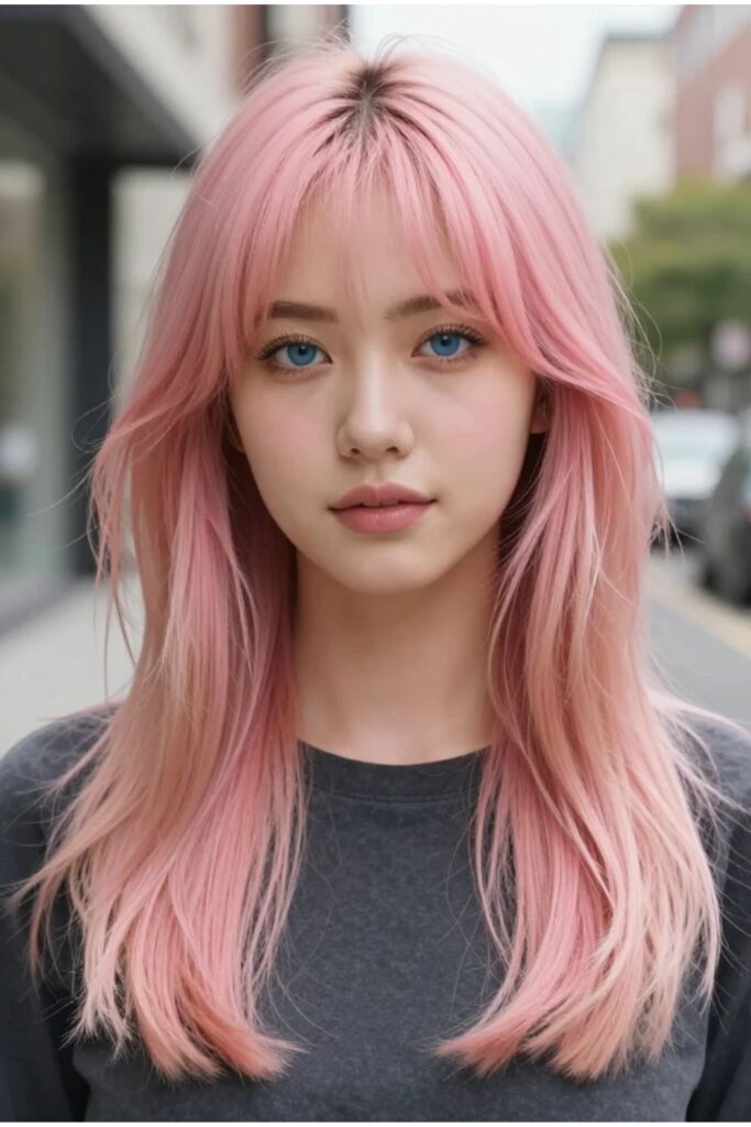 Woman with pink accent layered octopus haircut featuring playful peekaboo color highlights
