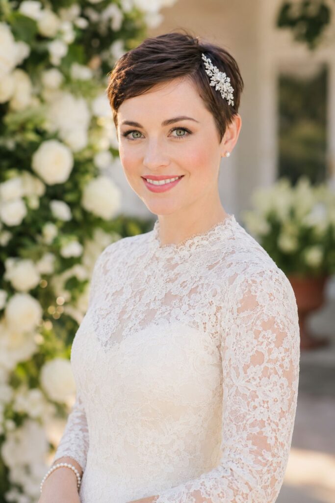 Bride with a pixie cut featuring a sparkling crystal hair clip placed elegantly at the temple