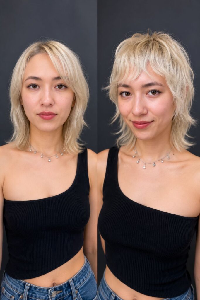 Woman with a pixie mullet shag haircut featuring choppy layers, wispy bangs, and textured ends.