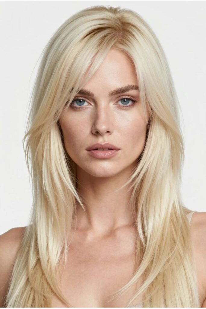 Woman with a platinum blonde octopus haircut featuring bold layered volume and bright fashion-forward color