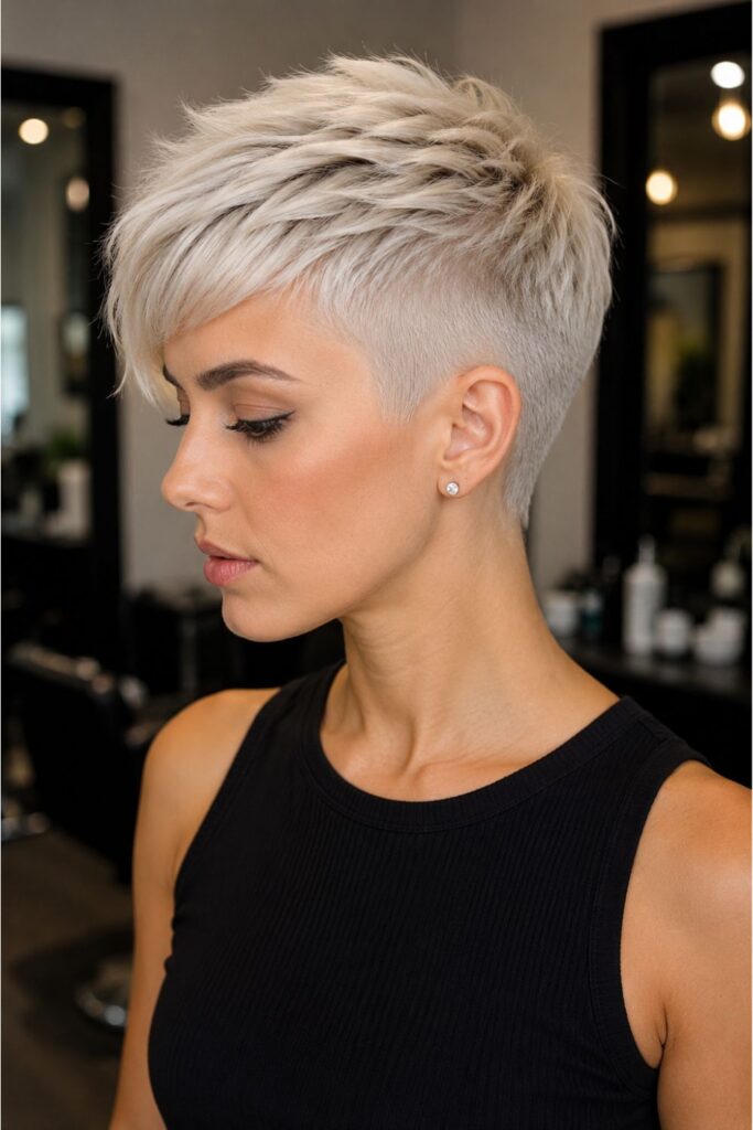 Woman with a platinum pixie undercut hairstyle featuring icy blonde hair, textured layers, and closely shaved sides