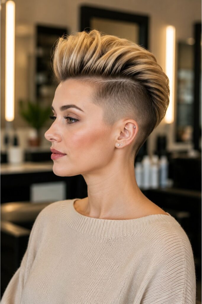 Woman with a pompadour undercut hairstyle featuring voluminous blonde hair on top and closely shaved sides