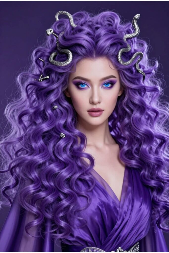 Woman with purple fantasy Medusa hair featuring vibrant violet waves and silver snake pins