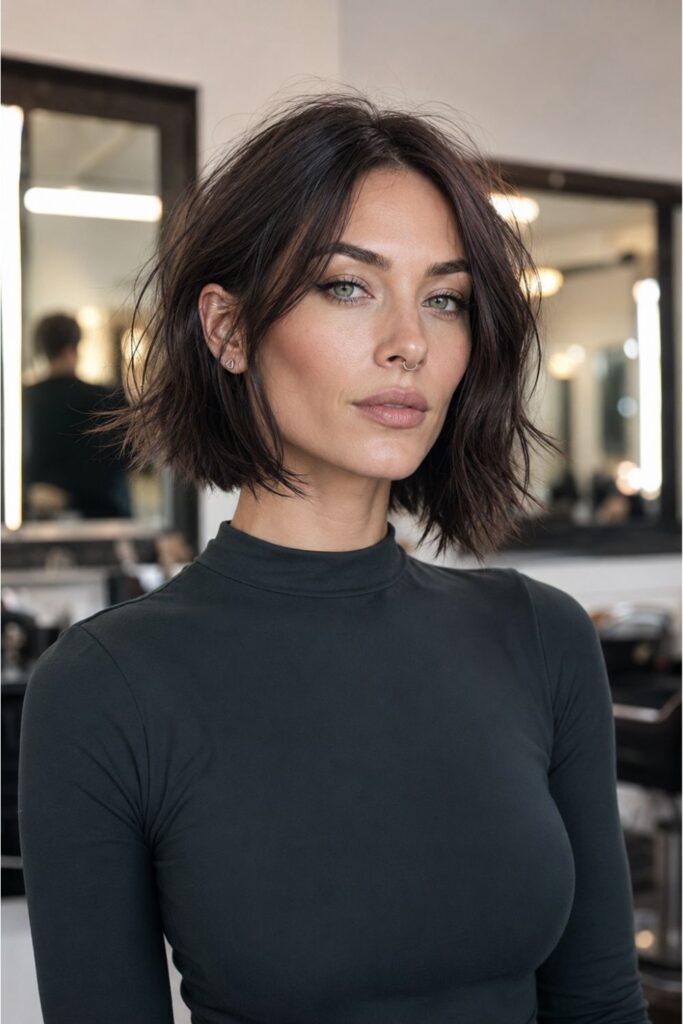 Woman with a razor cut choppy bob featuring soft feathered piece-y ends and lightweight texture