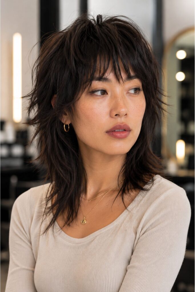 Woman with a razor cut shag haircut featuring feathered layers, wispy bangs, and textured ends.