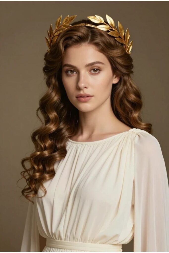 Woman with a regal Greek goddess Medusa hairstyle featuring half-up curls and a gold laurel headpiece
