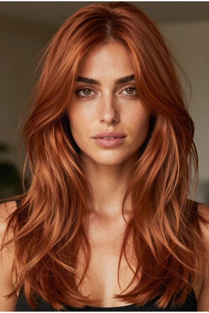 Woman with rich copper layered octopus haircut featuring warm auburn tones and voluminous crown