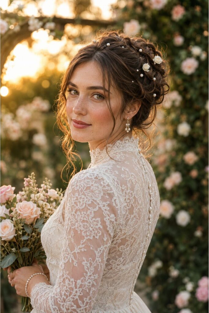 Bride with a romantic messy updo featuring loose pinned sections pearl pins and soft face-framing pieces