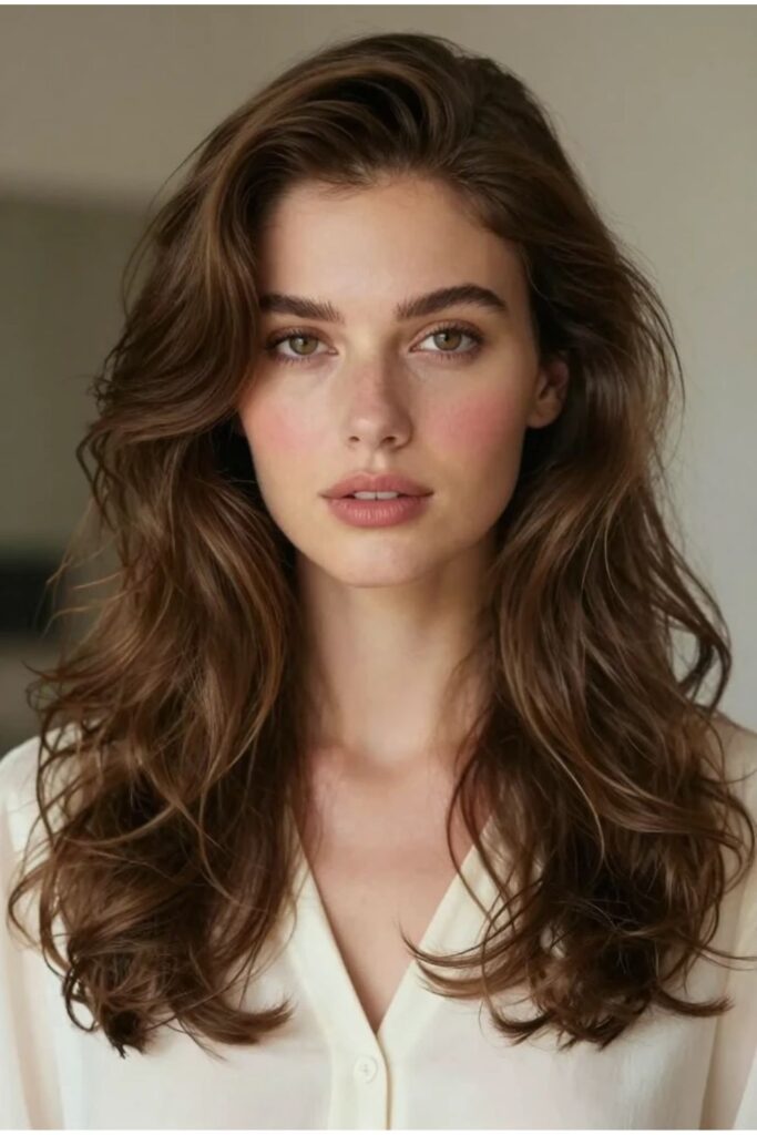 Woman with romantic soft wave octopus haircut featuring loose beach waves and elegant layered depth