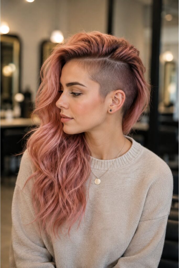 Woman with a rose gold undercut hairstyle featuring soft wavy hair and a stylish side shave